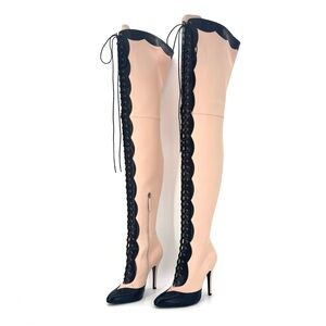 NEW Gucci Harriet Thigh High Snake Emboss Beige Black Pointed Toe Boots 38